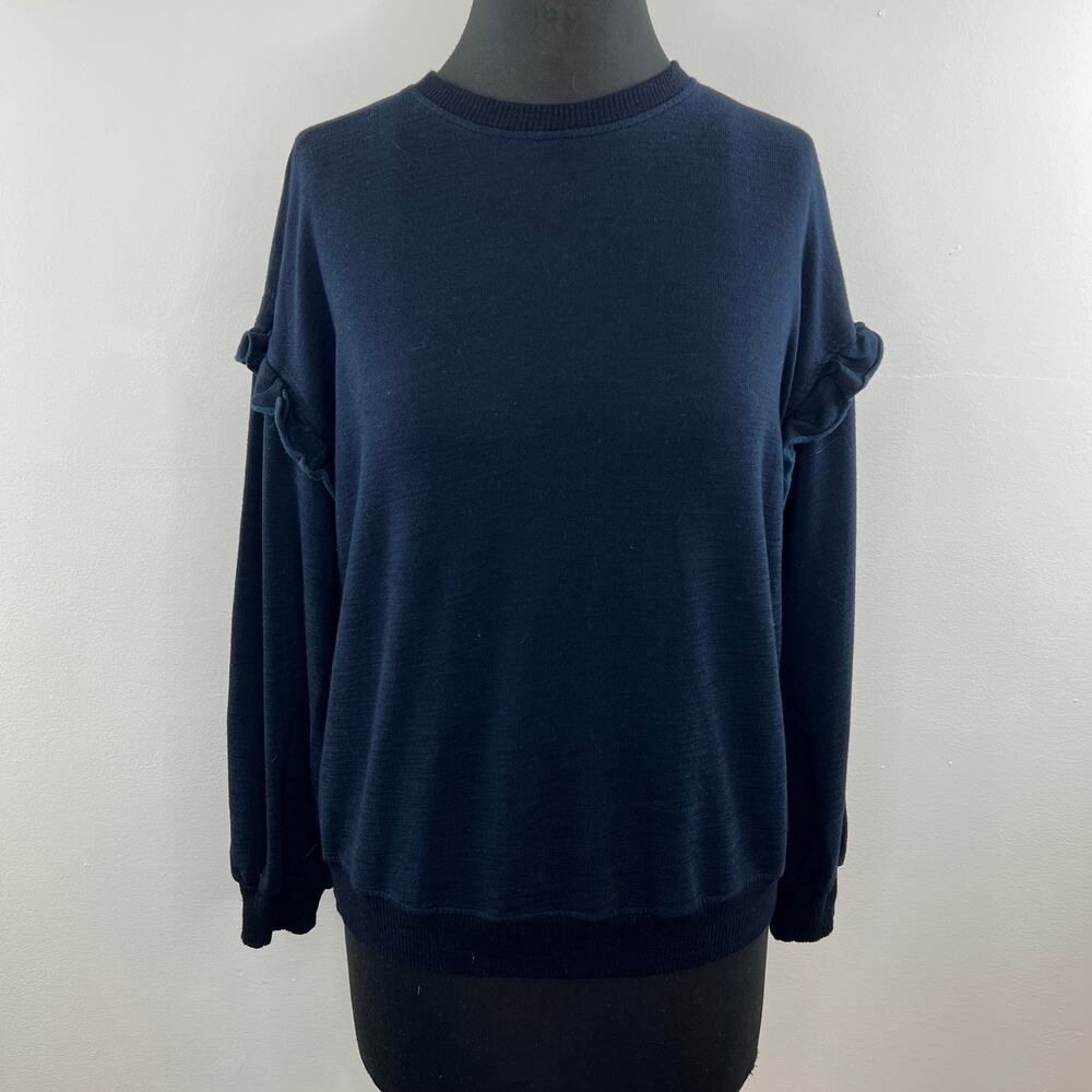 MONROW Navy Blue Long Sleeve Ruffle Shoulder Round Neck Pullover Sweater Size M